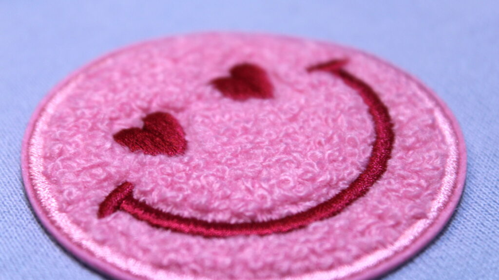 pink smiley chenille patch