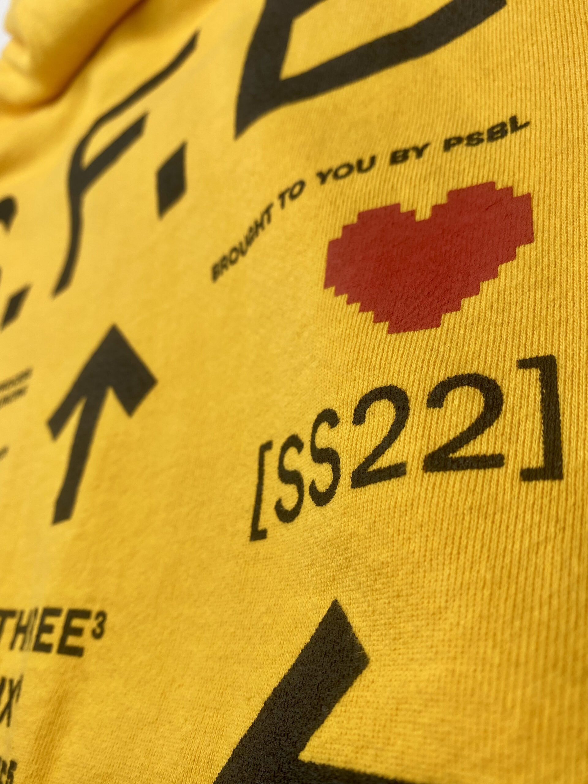 plastisol print detail on a yellow hoodie