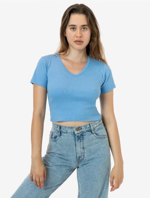 Los Angeles Apparel - Baby Rib Short Sleeve V-Neck Crop Tee