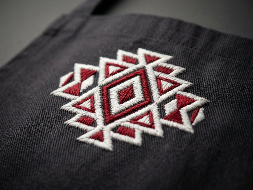 Custom embroidered apron showing raised thread logo on chest