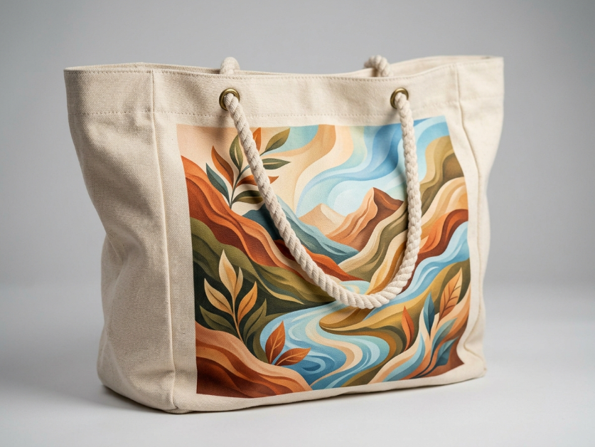 Beach bag with full-color DTG print showing photographic detail on cotton canvas