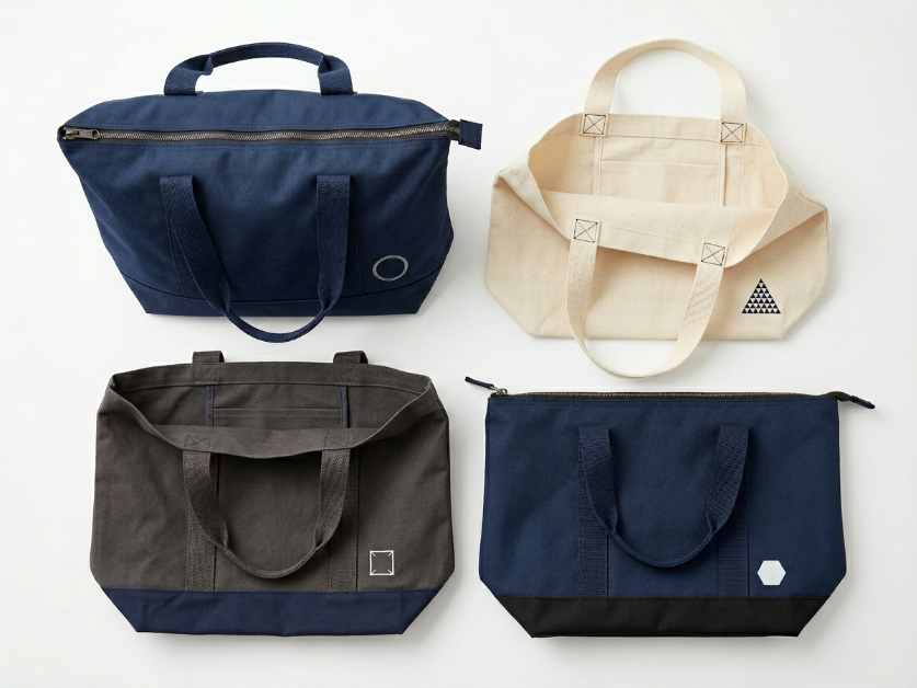 Collection of beach bags showing canvas construction and reinforced handles