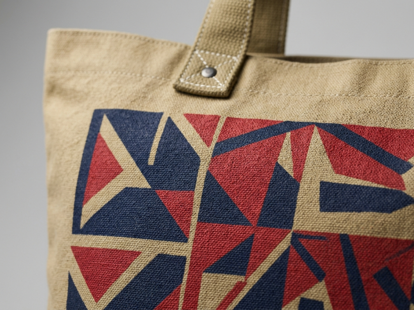 Screen-printed beach bag showing bold ink coverage on canvas surface