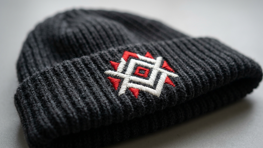 Embroidered beanie close-up showing raised thread stitching on knit cuff