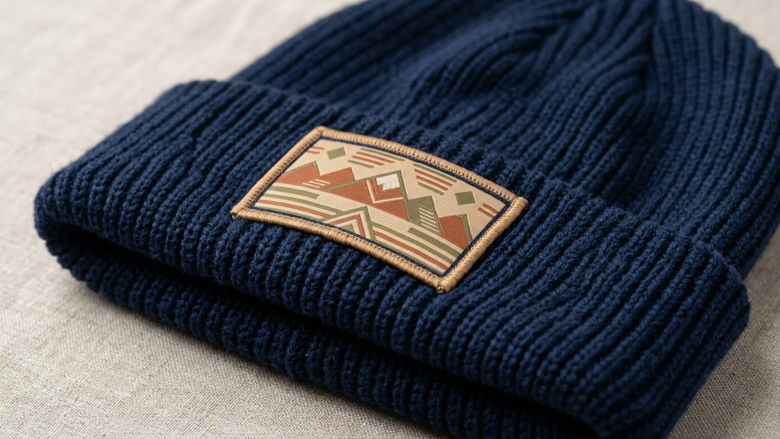 Beanie with custom woven patch on front cuff