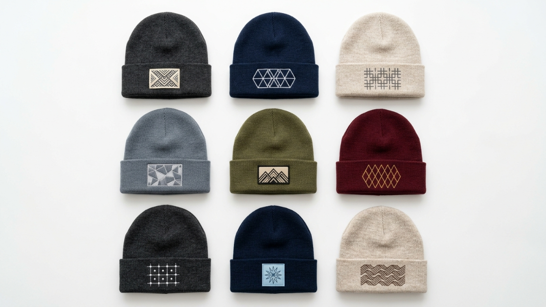 Collection of custom decorated beanies in various colors