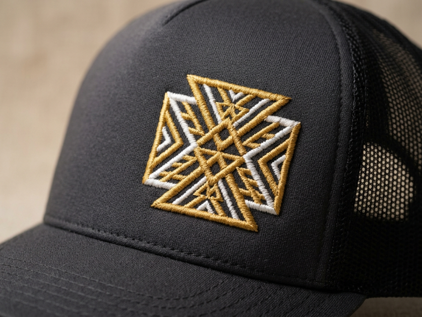 Embroidered trucker hat close-up showing raised thread on front panel