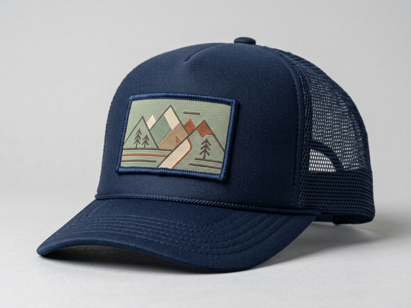 Trucker hat with custom sewn patch on structured front panel