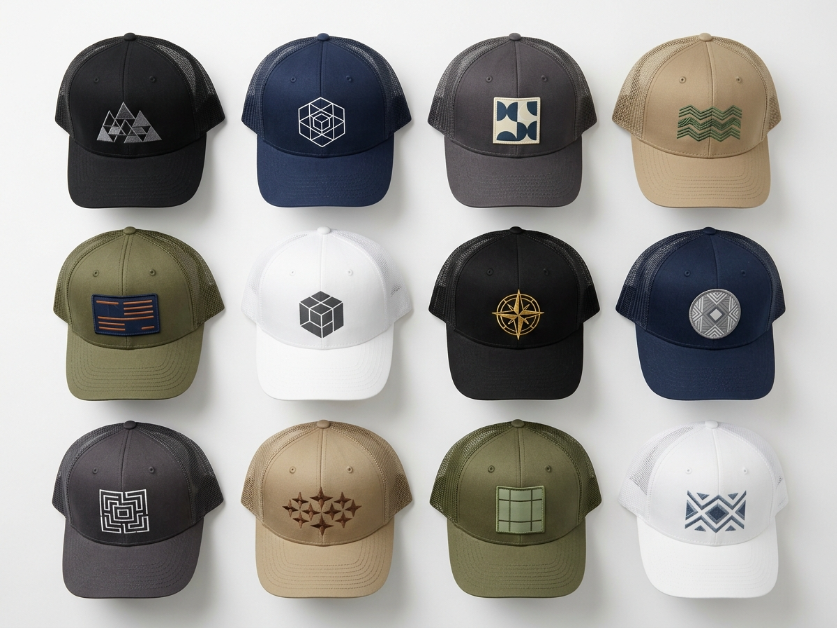 Collection of custom printed trucker hats in various styles and colors