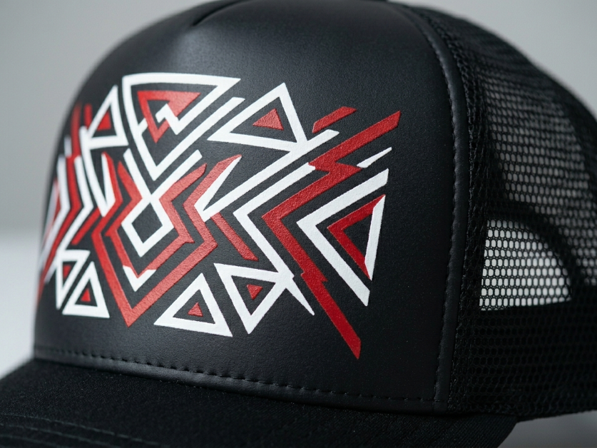 Screen-printed trucker hat showing bold ink on foam front panel