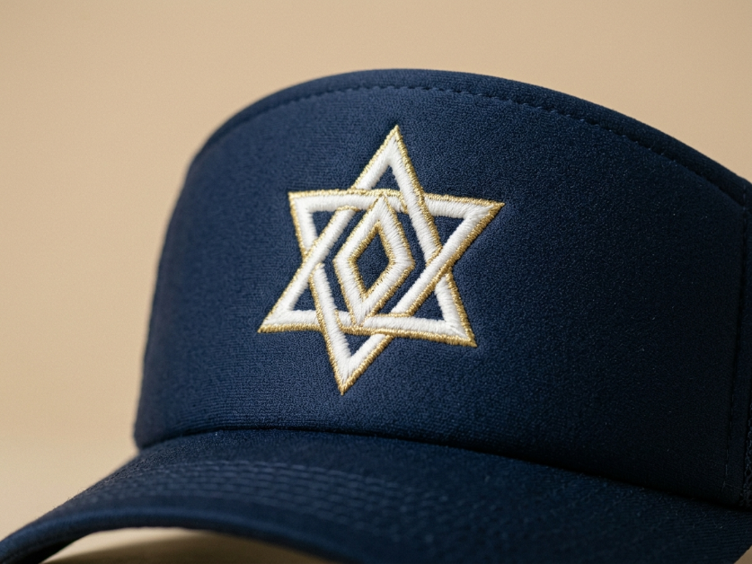 Embroidered visor close-up showing raised thread stitching on front panel