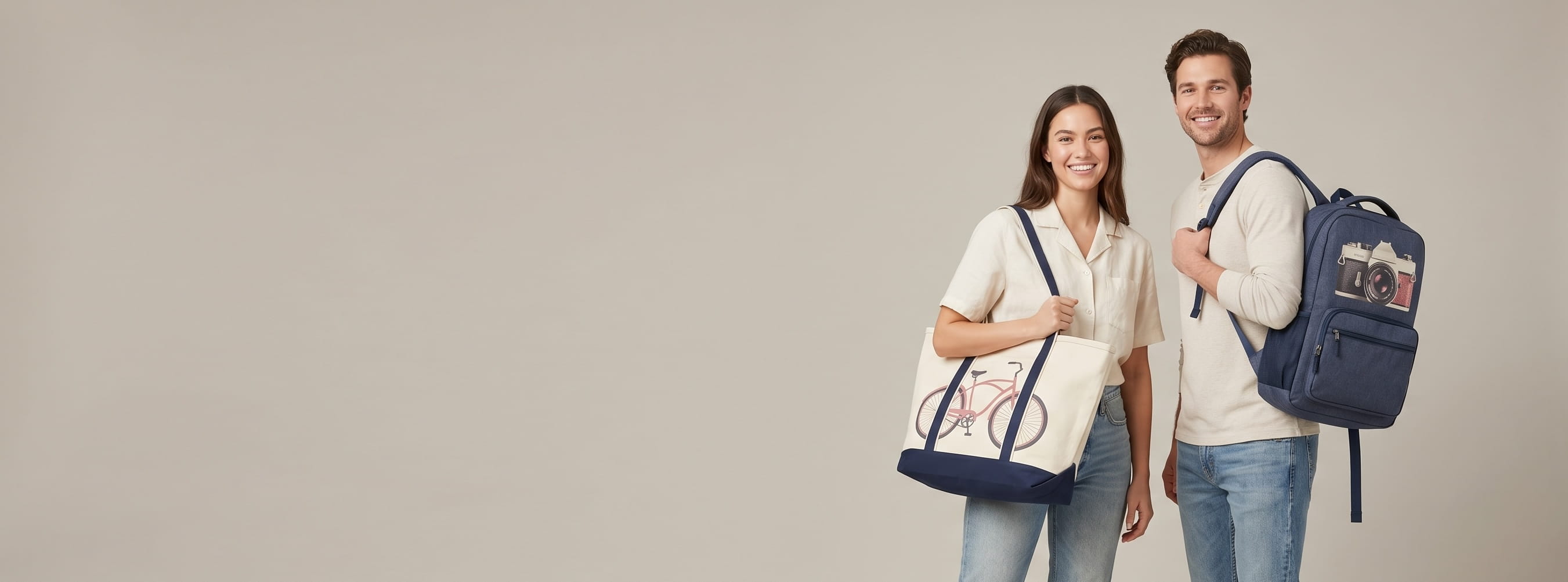 Two models with decorated BAGedge carryalls in a clean studio