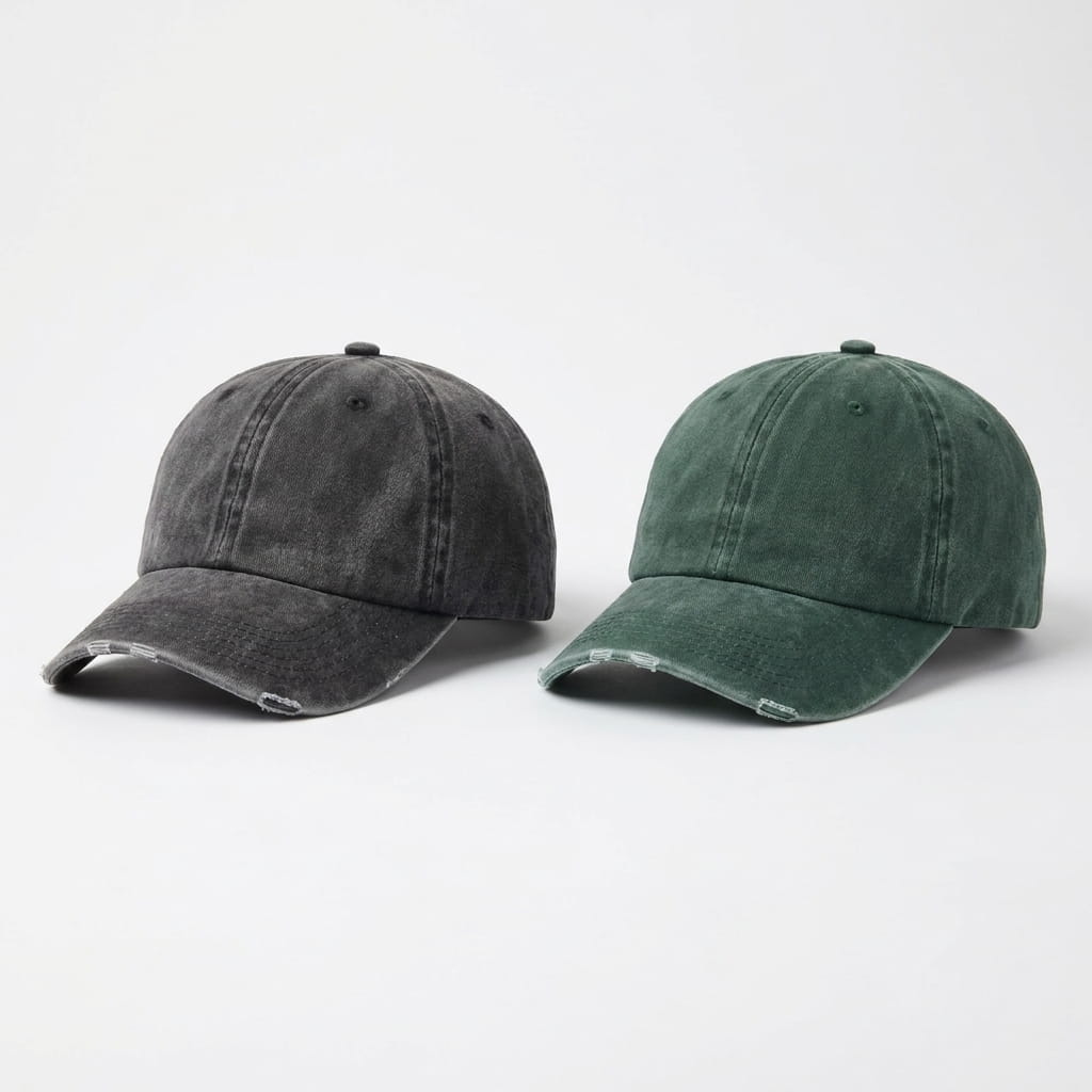 Stack of pigment-washed Adams Headwear caps