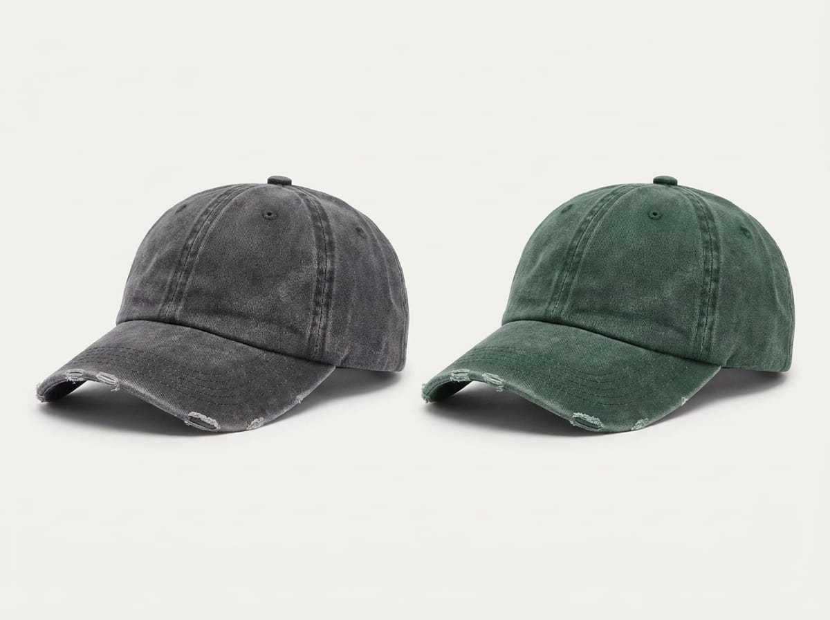Adams Headwear distressed dad hat shown in two pigment-washed colorways
