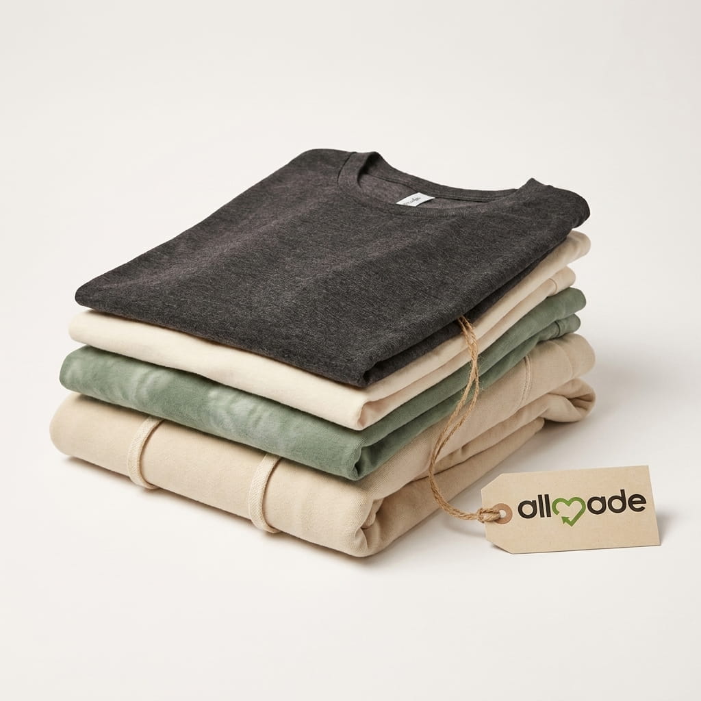 Stack of folded Allmade tri-blend tees in sustainable colorways