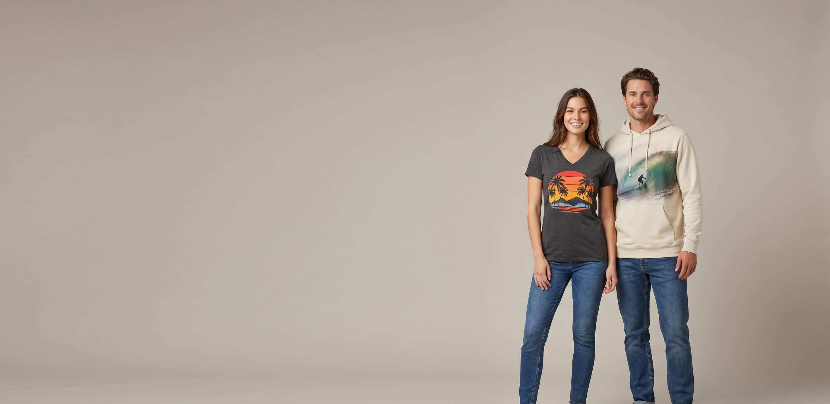 Two models wearing decorated Allmade tri-blend and organic-cotton tees