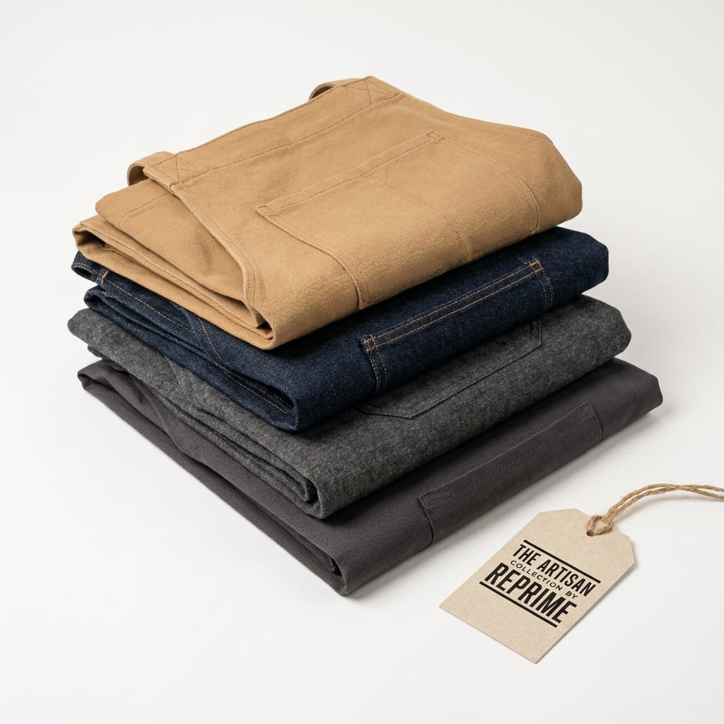 Stack of folded Artisan Collection aprons in canvas, denim, oxford, and recycled fabrics