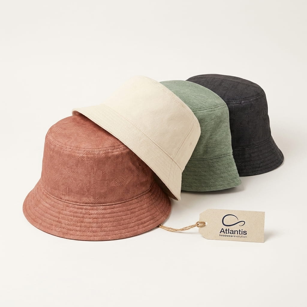 Group of Atlantis sustainable bucket hats in recycled-poly and organic-cotton fabrics