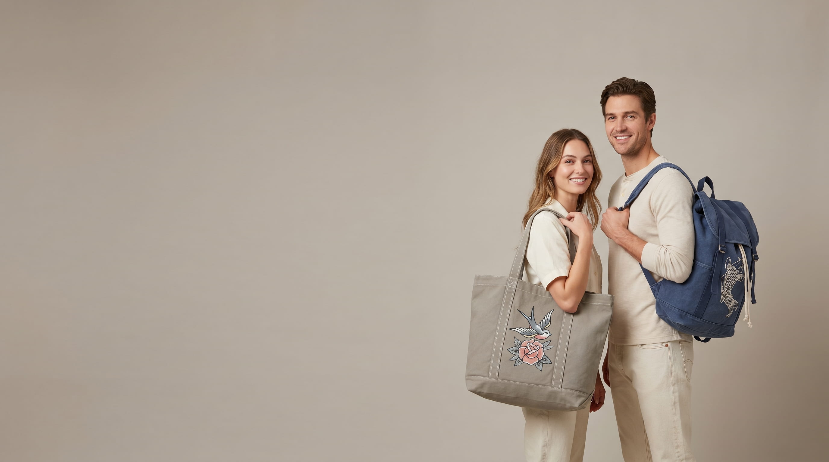 Two models with decorated Authentic Pigment heritage pieces in a clean studio