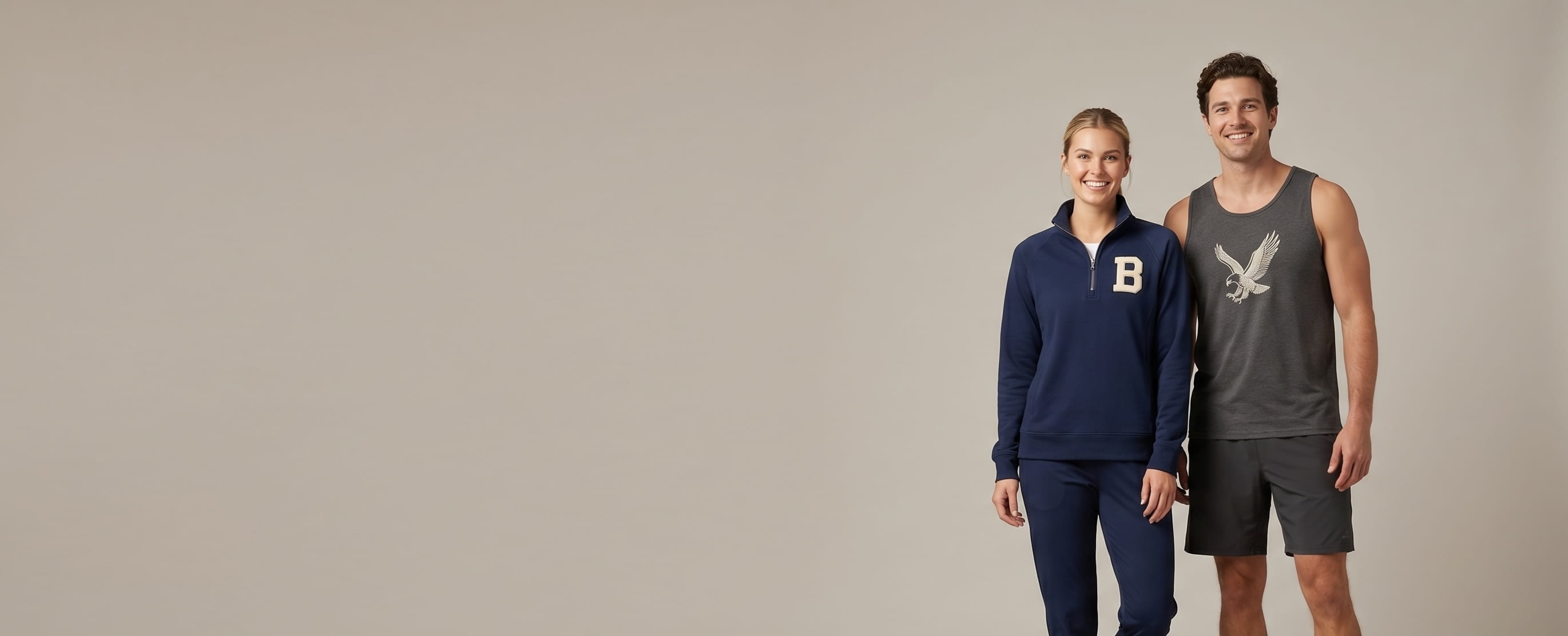 Two athletic models with decorated Badger performance pieces in a clean studio