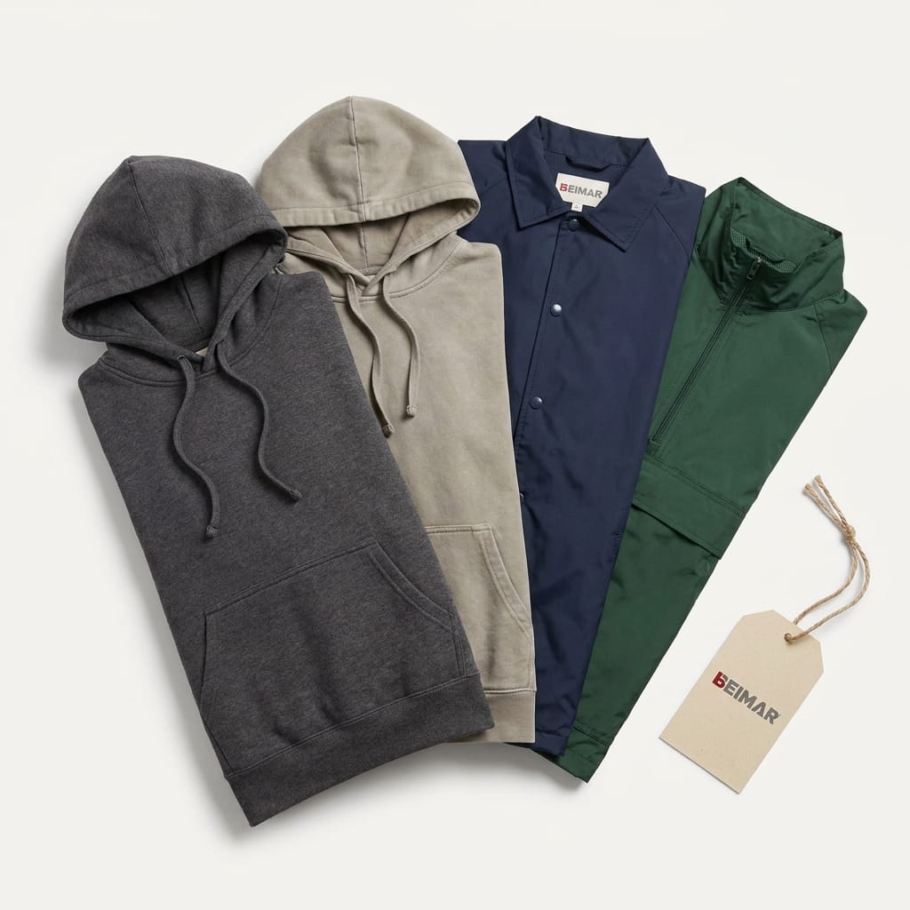 Beimar layering and outerwear lineup on a clean studio background