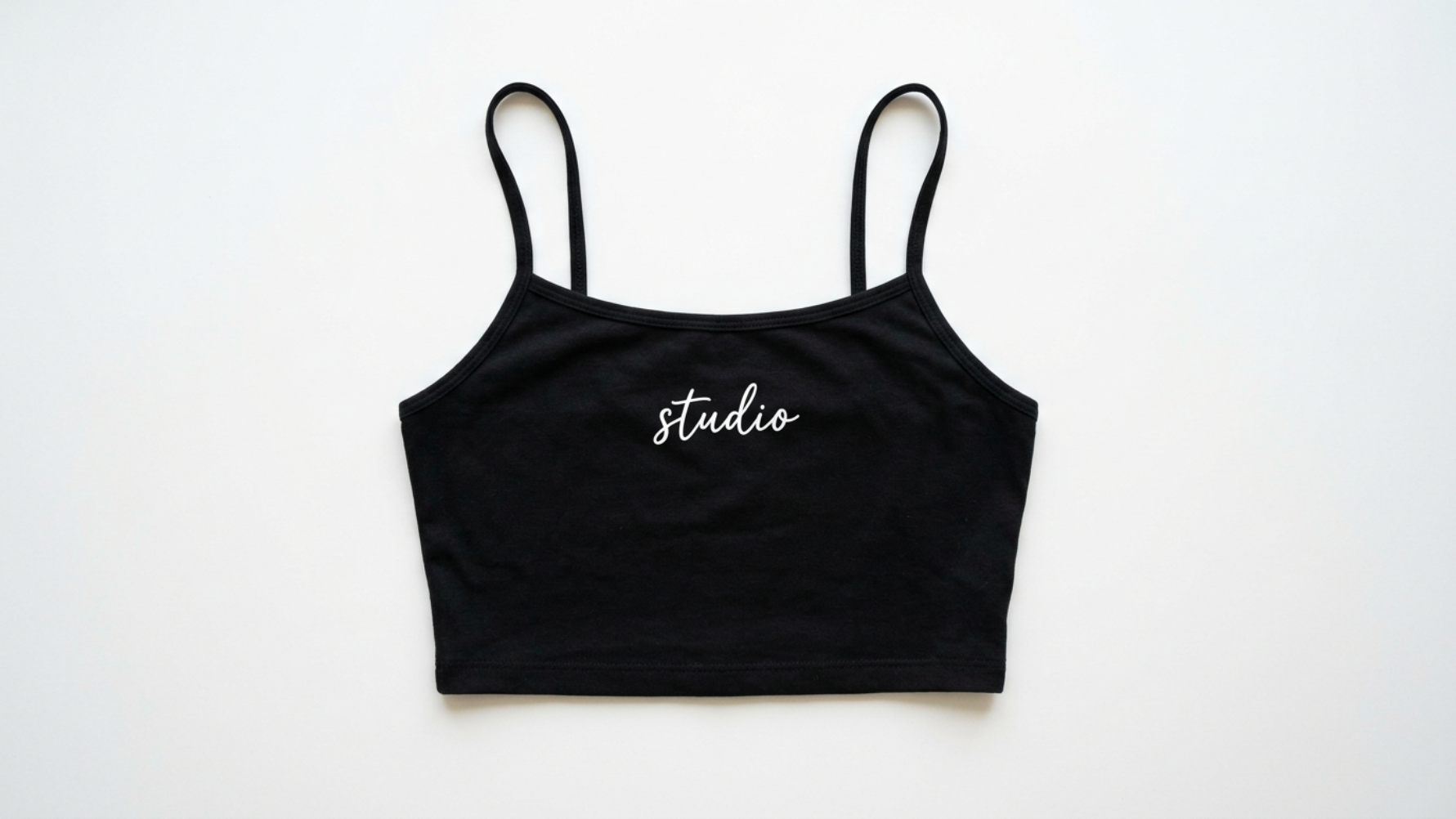 Screen-printed women's bralette showing bold ink on cotton-spandex