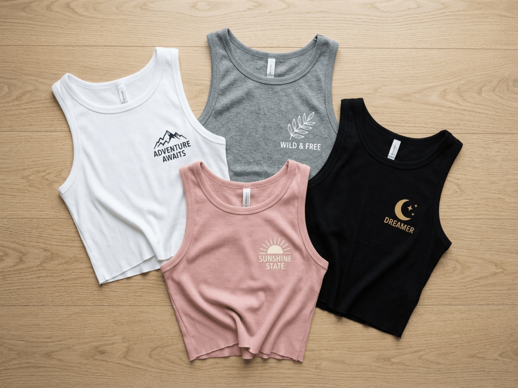 Collection of custom women's crop tops in various styles and colors