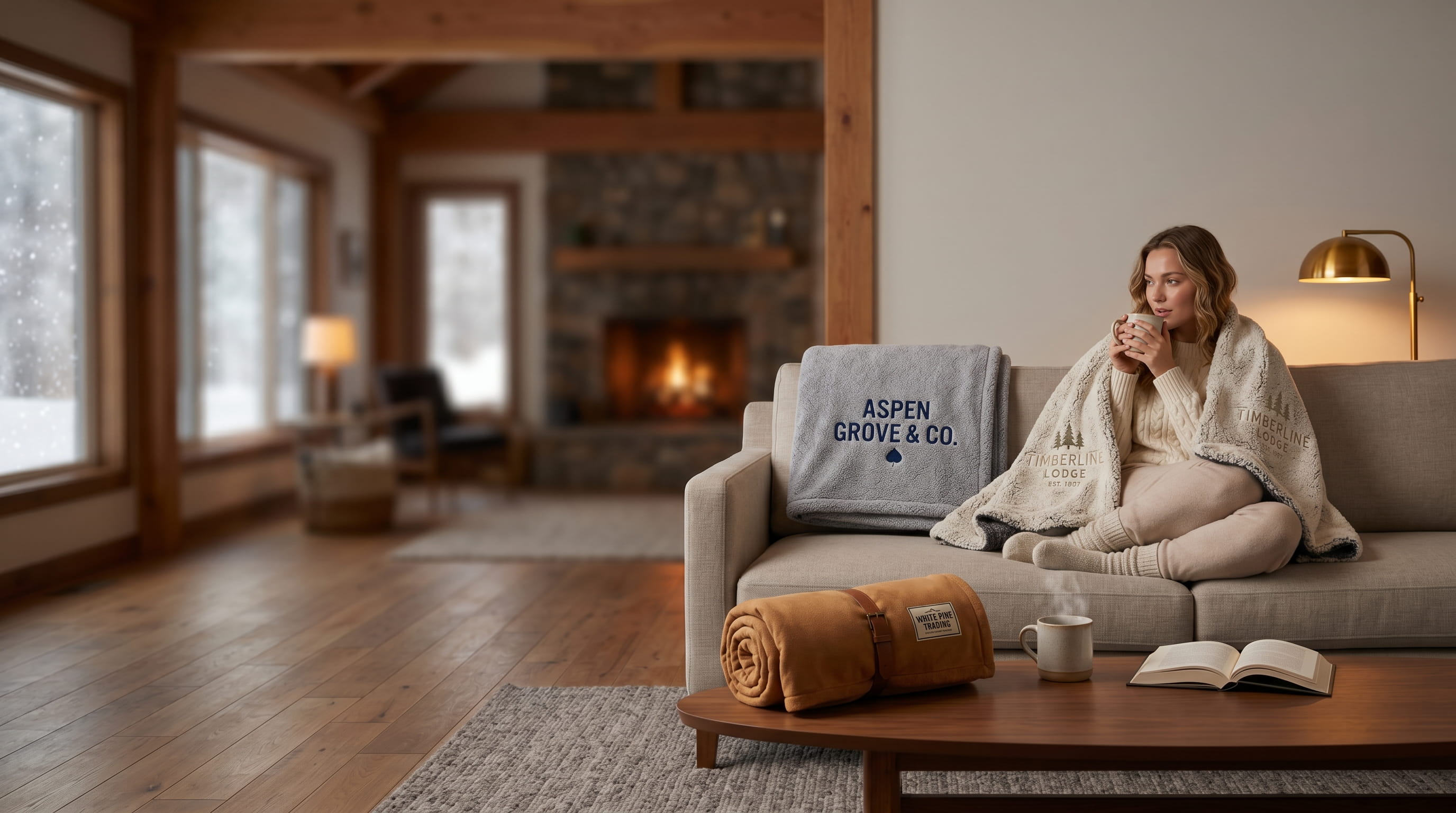 Woman wrapped in a decorated Marine Layer Corbet fleece blanket