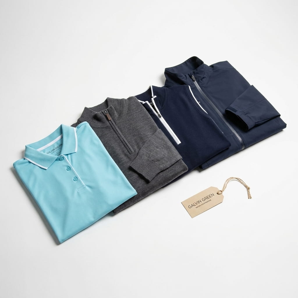 Galvin Green premium golf-apparel lineup on a clean studio background