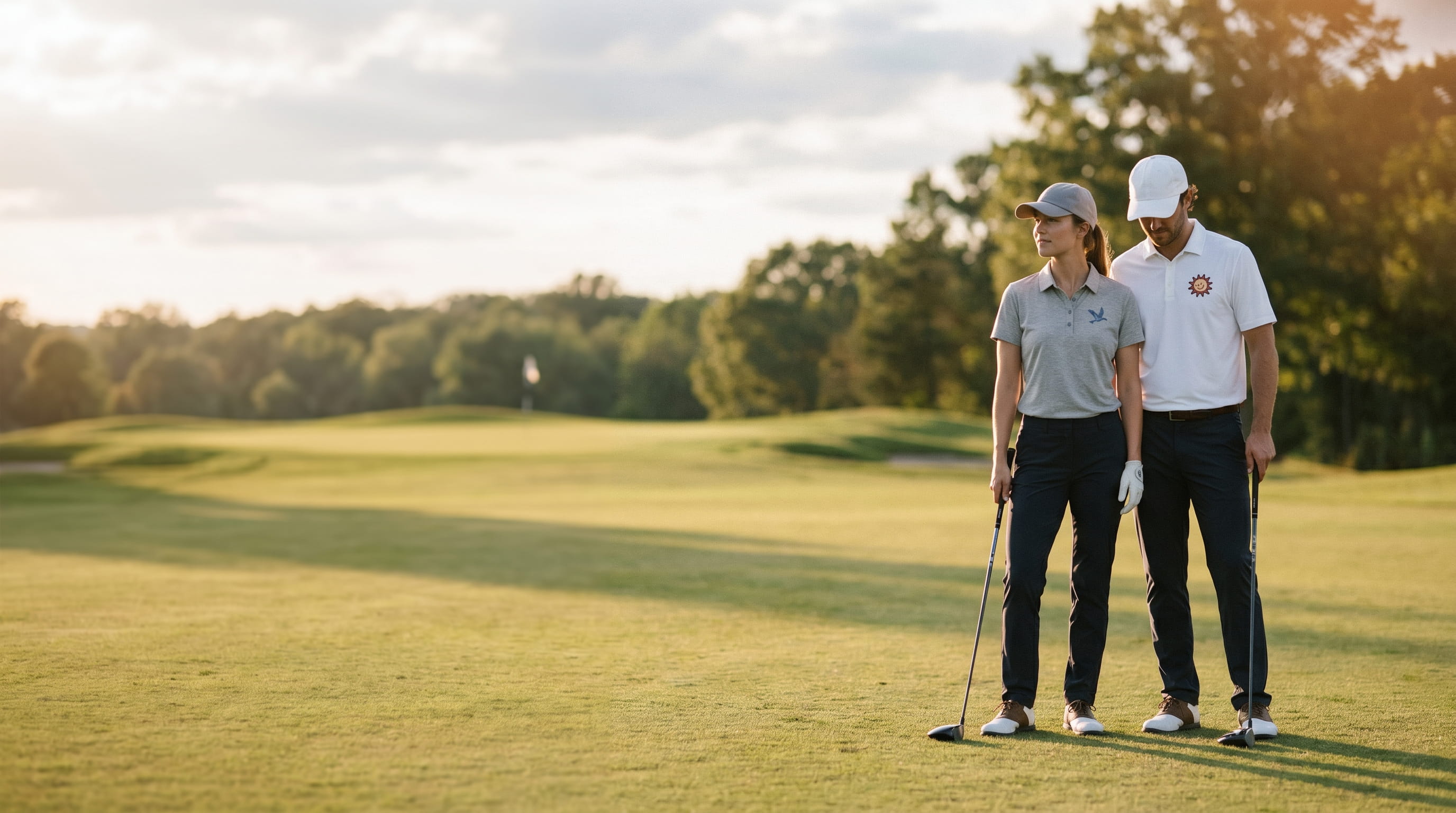 Two models wearing decorated performance golf polos in a clean studio lookbook shot