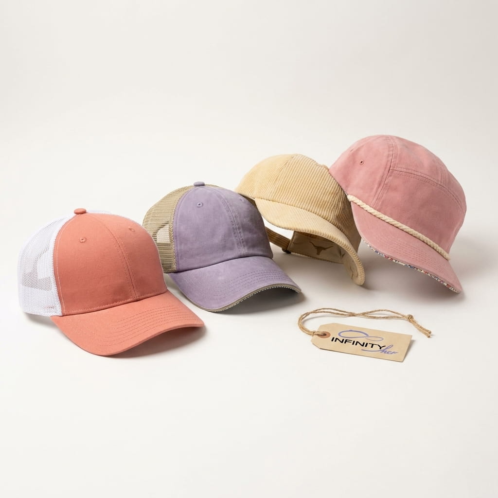 Infinity Her women's lifestyle headwear lineup on a clean studio background