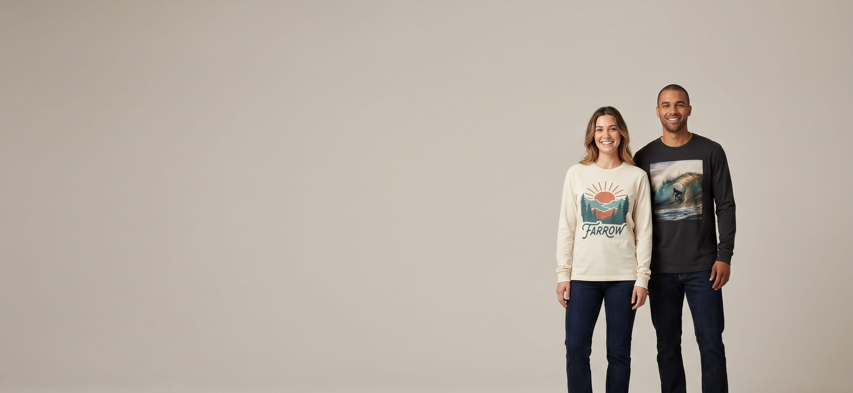 Trail runner wearing a decorated long-sleeve performance tee at golden hour