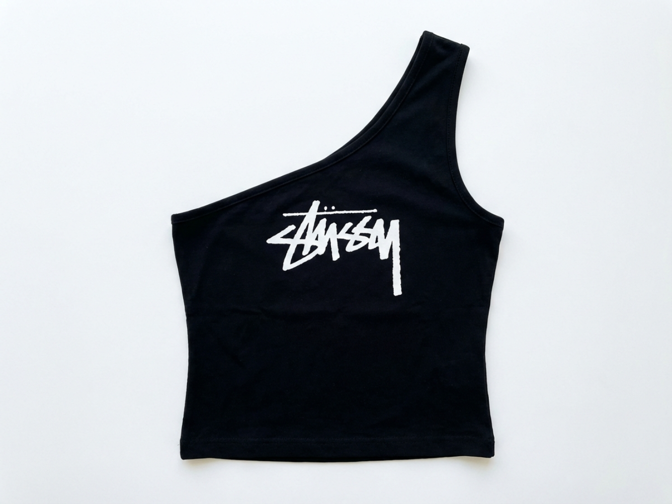 Screen-printed women's one-shoulder sleeveless top