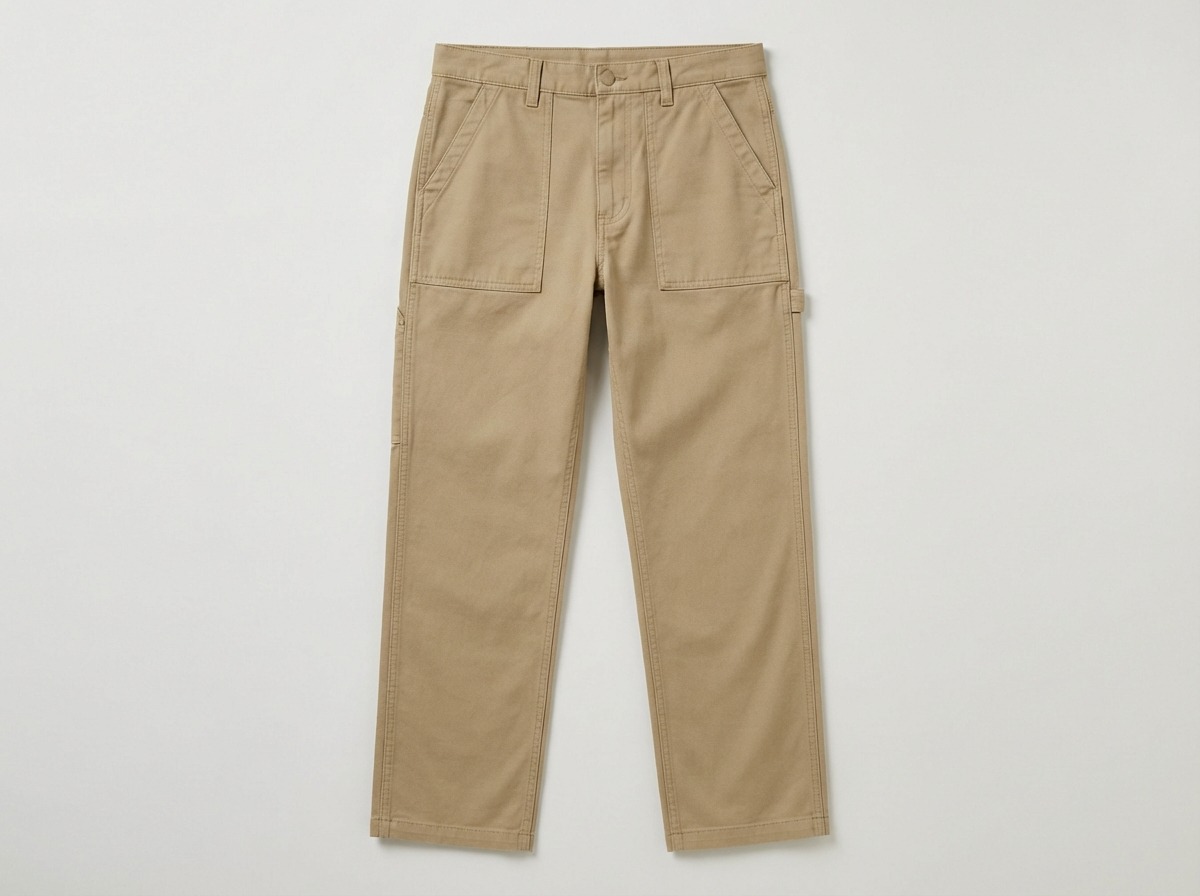 Pants anatomy - waistband, left thigh, right thigh, utility pockets, straight leg hem