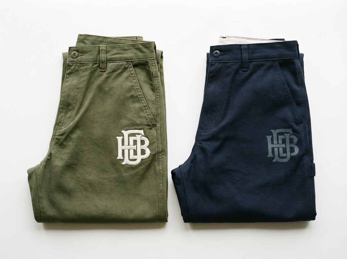 Embroidered and screen-printed uniform pants