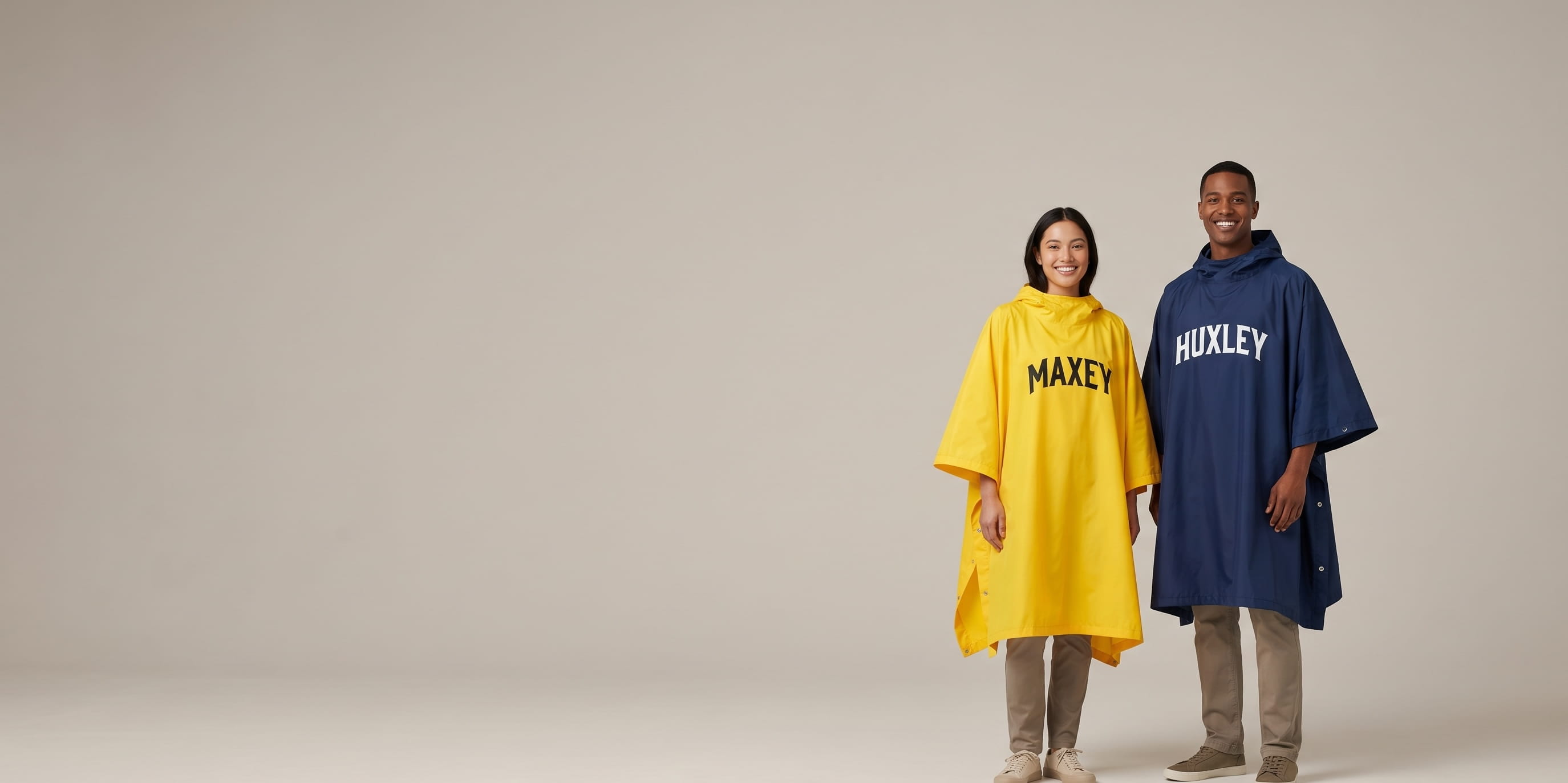 Man wearing a decorated yellow nylon custom rain poncho