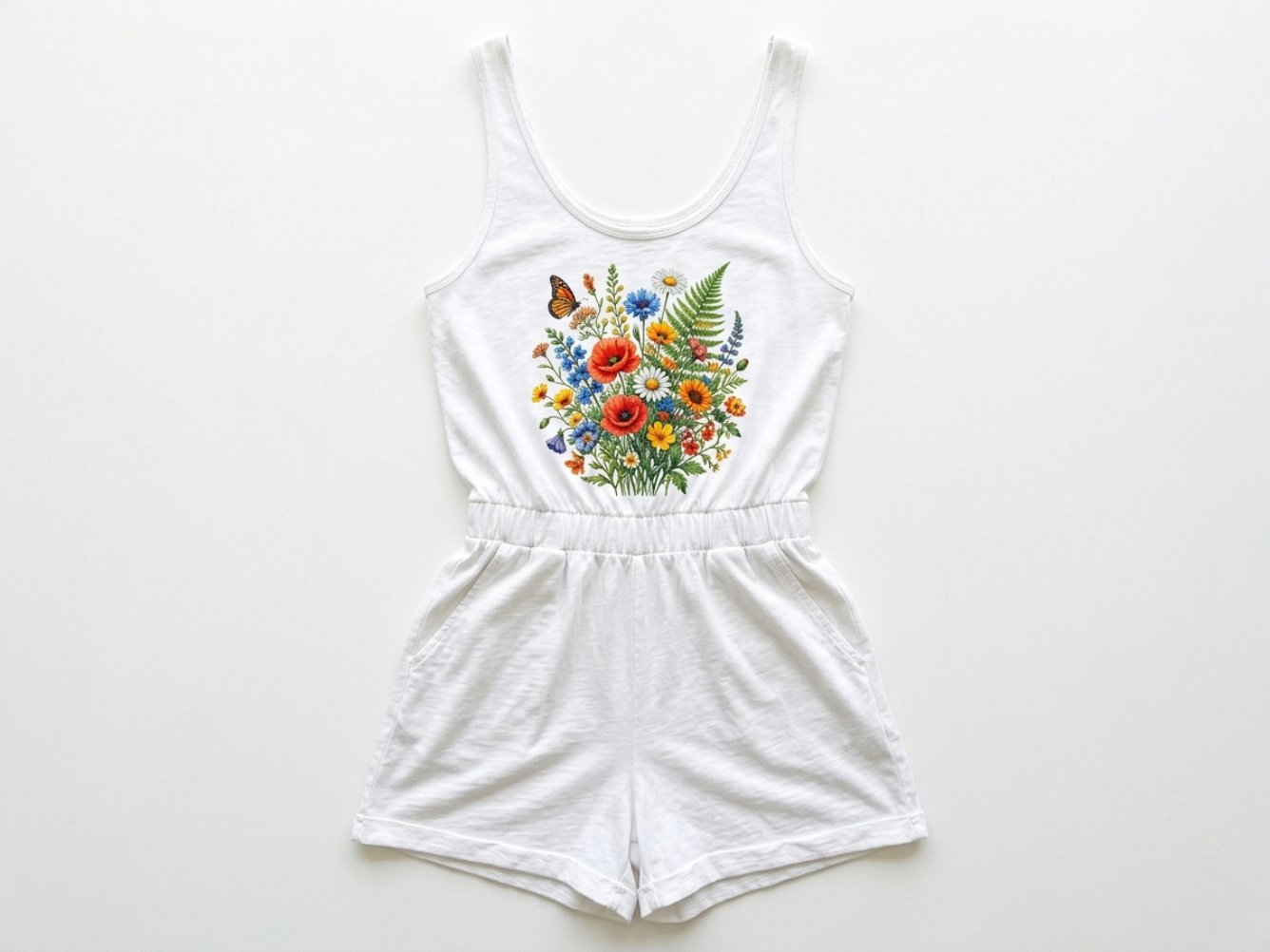 DTG printed women's romper with full-color design