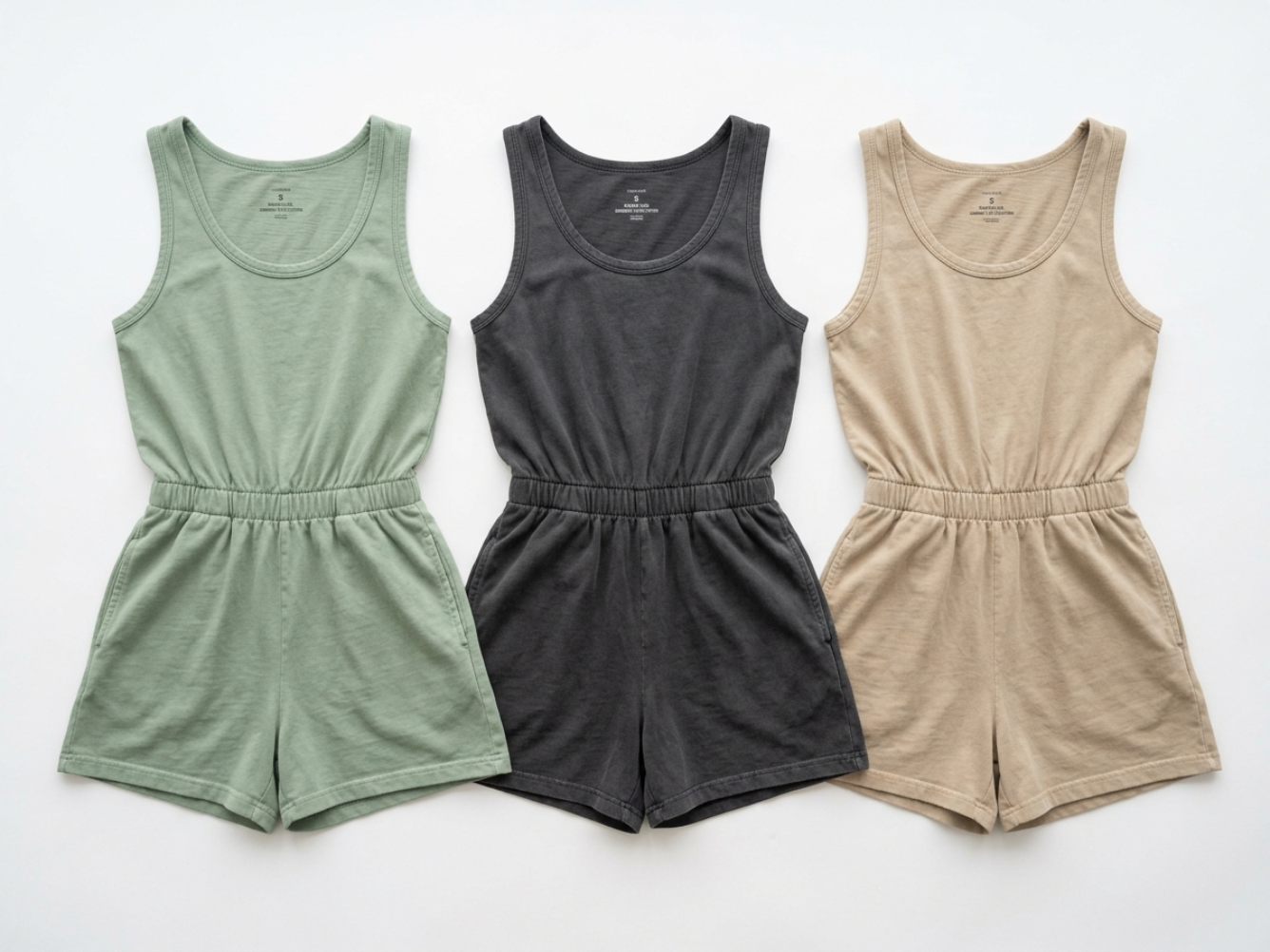 Collection of custom women's rompers in various styles and colors