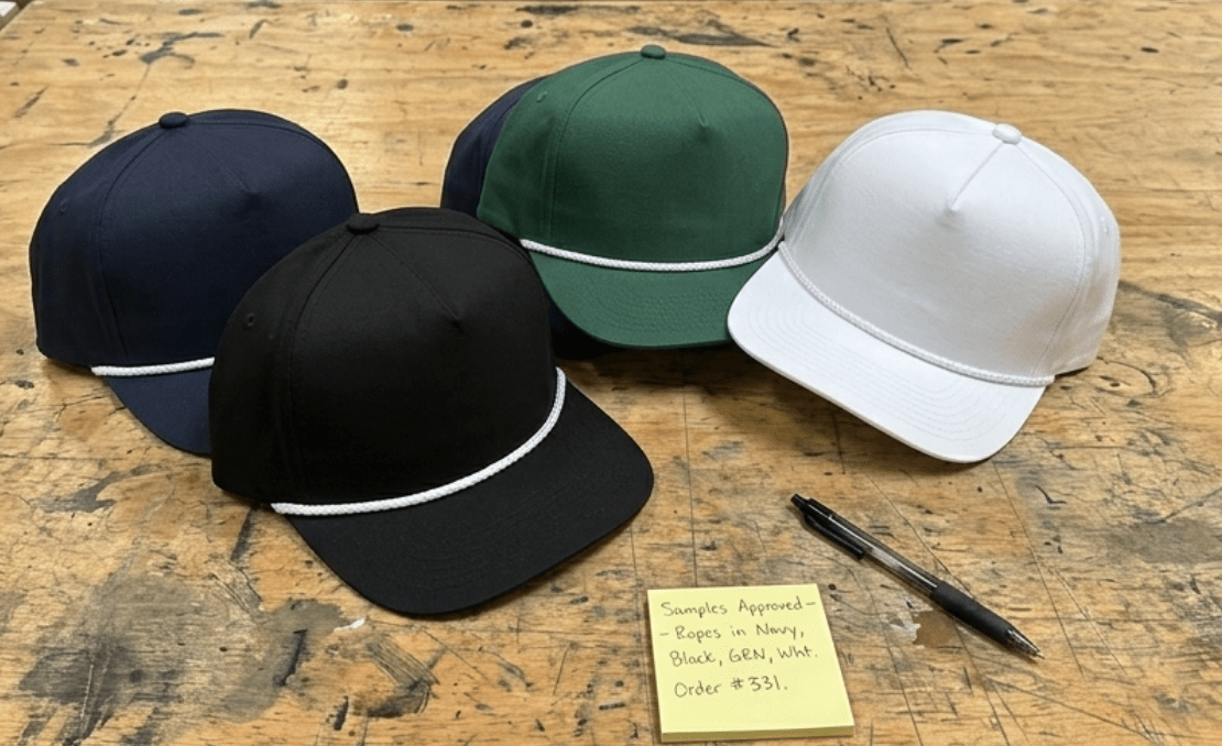 Collection of custom rope hats in navy, black, forest green, and white