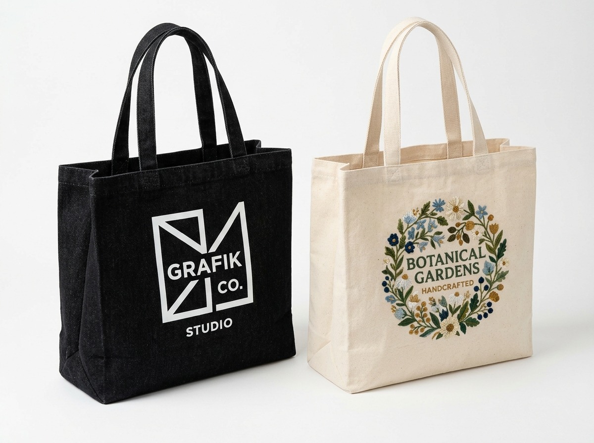 Screen-printed and embroidered shopping bags