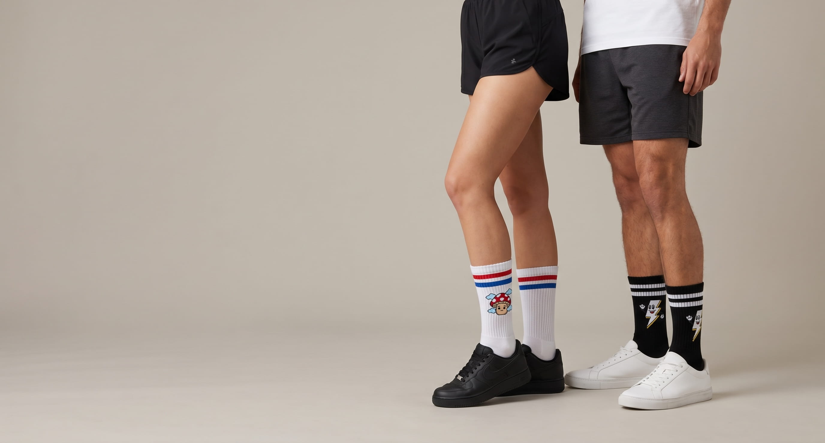 Pair of models wearing decorated Los Angeles Apparel custom socks