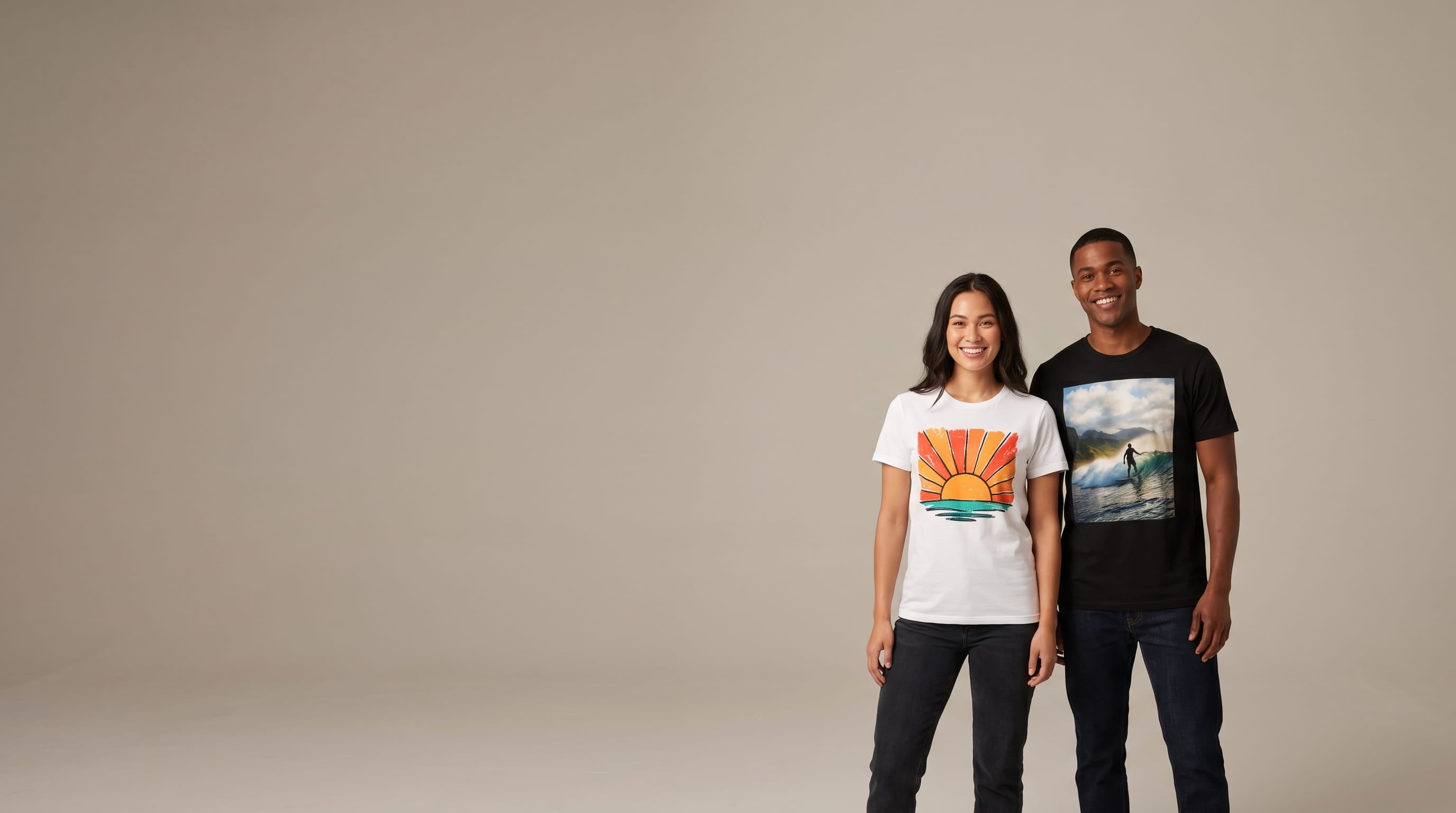 Pair of models wearing decorated custom screen-printed t-shirts