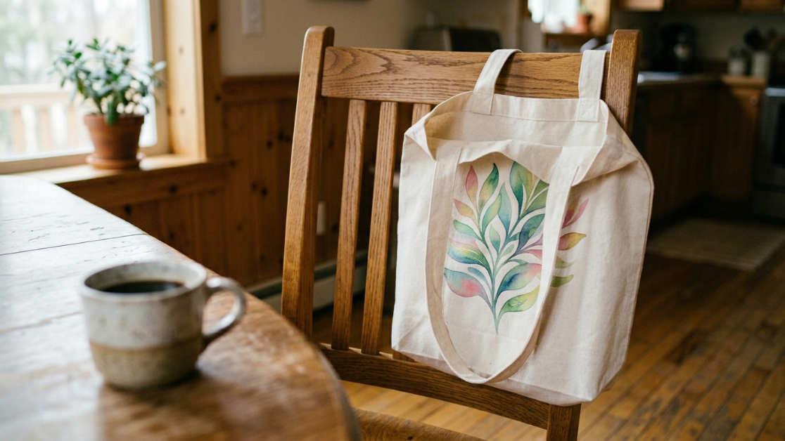Tote bag with full-color DTG print showing photographic detail on cotton