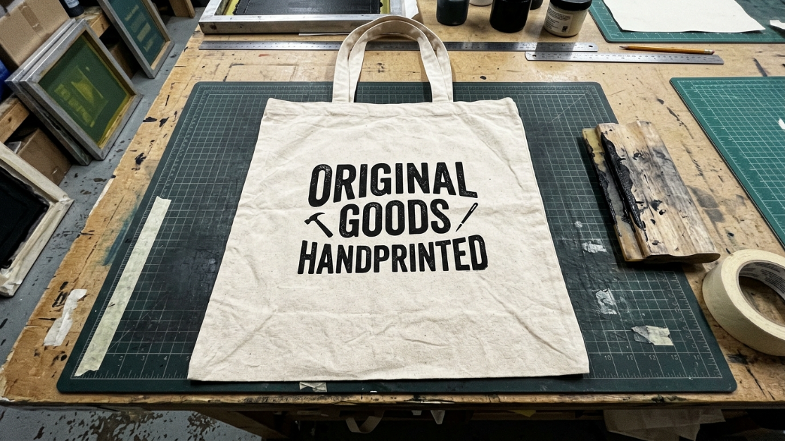 Screen-printed tote bag showing bold ink coverage on cotton canvas