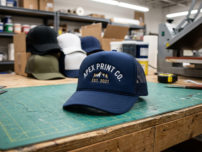 Custom printed trucker hat with mesh back