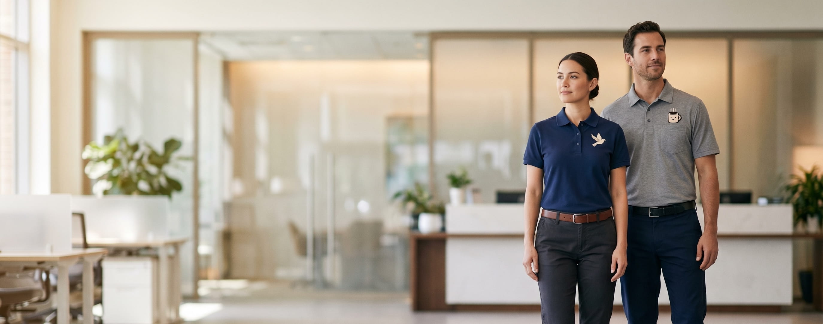 Two uniformed models wearing decorated uniform polos in a candid workplace shot