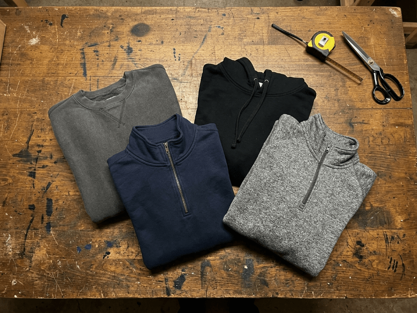 Collection of sweatshirt styles: crewneck, hoodie, quarter-zip, half-zip