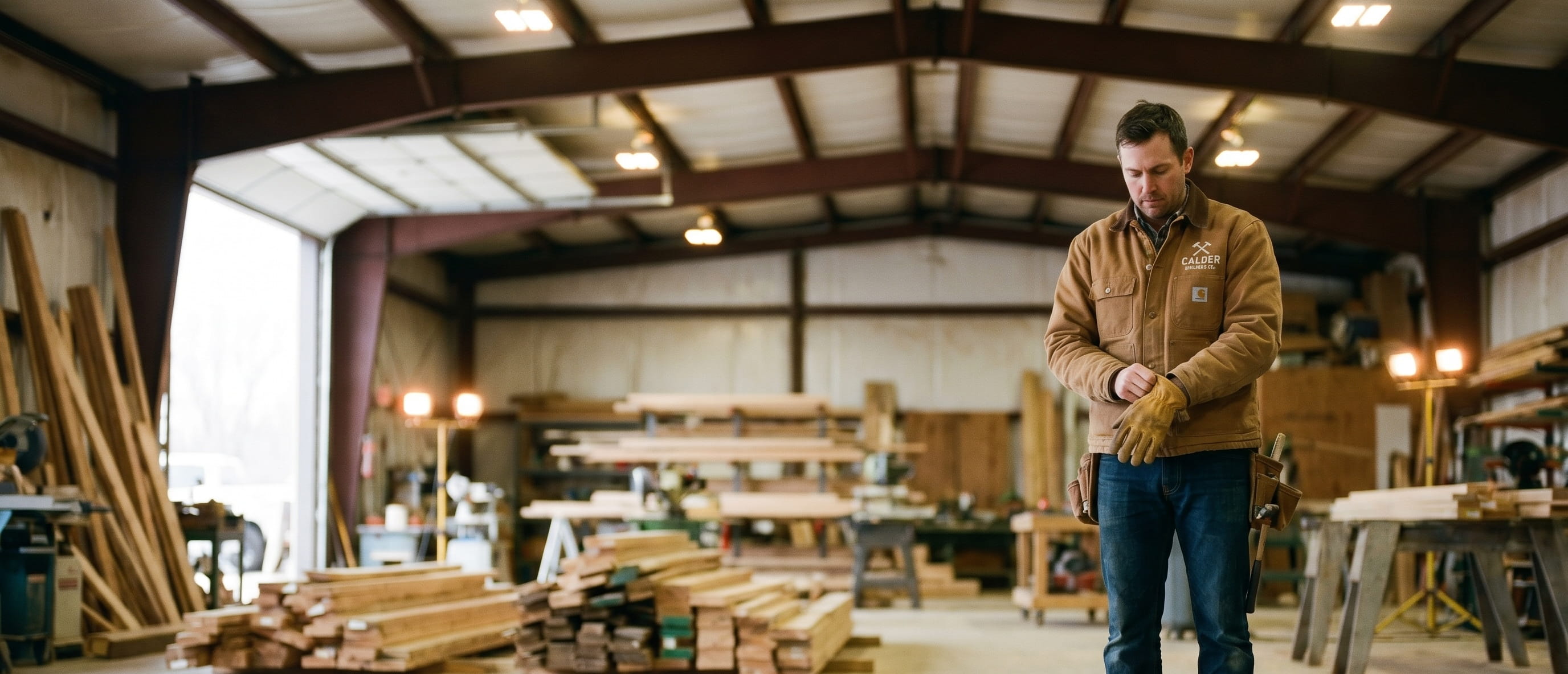 Carpenter pulling on gloves wearing a decorated duck-canvas work coat on a job site