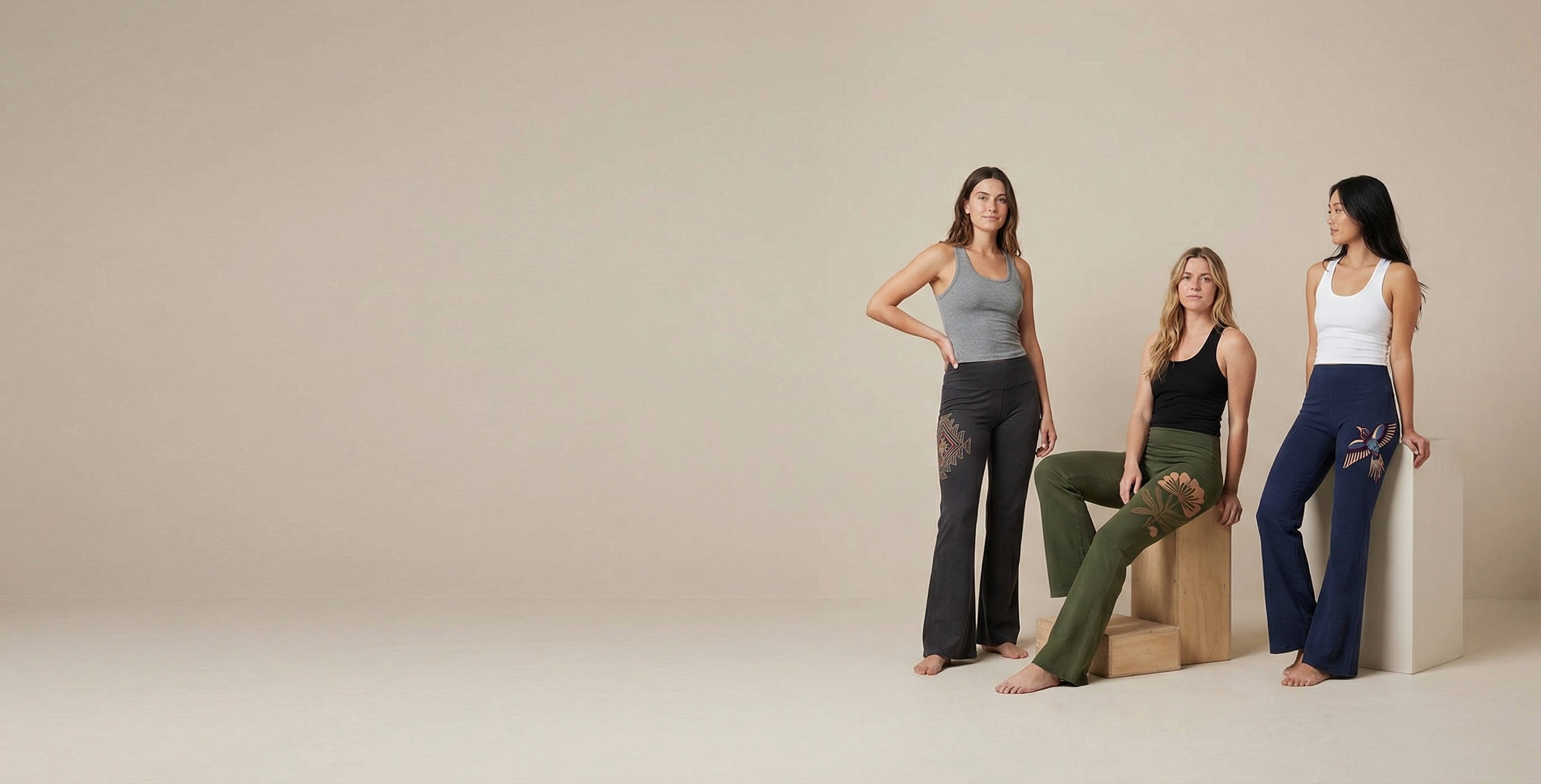 Woman wearing custom decorated yoga pants with printed logo