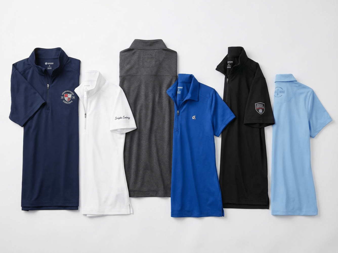 Collection of custom decorated zip-up polos